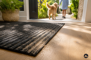Fine sand in a dark doormat and on the wooden floor by the garden door