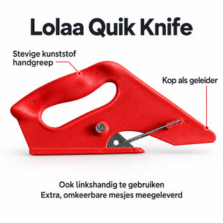 Lolaa Quik Knife met kunststof handgreep en geleidekop; ook linkshandig te gebruiken en geleverd met extra omkeerbare mesjes.