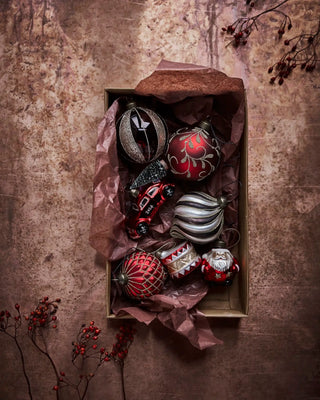 Kerstballen Tambur rood goud glas - 4 stuks