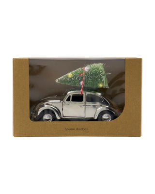 Kerstdecoratie zilveren auto met boom 12cm