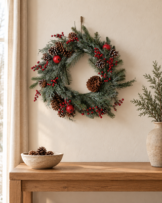 Kerstkrans aan een lichte muur boven een houten meubel