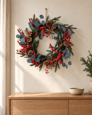 Kerstkrans aan een lichte muur boven een houten meubel
