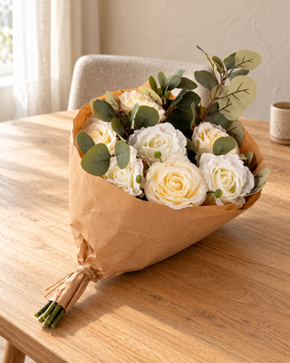 Ivoorkleurig kunstrozenboeket met groen blad in bruin papier op een houten eettafel.