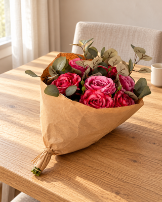 Roze kunstrozenboeket met groen blad in bruin papier op een houten eettafel.
