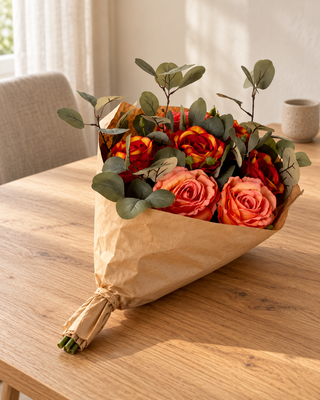 Oranje kunstrozenboeket met groen blad in bruin papier op een houten eettafel.