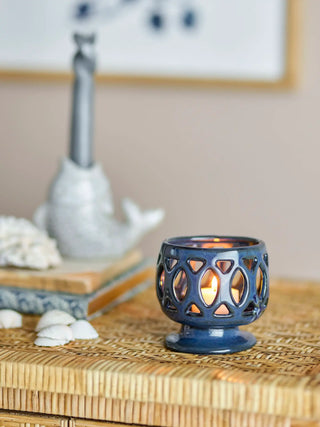 Theelichthouder aardewerk blauw Patty 9cm
