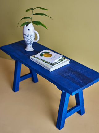 Bankje blauw hergebruikt hout Porir - 100cm van Bloomingville, van opzij met verhoudingen en constructie zichtbaar