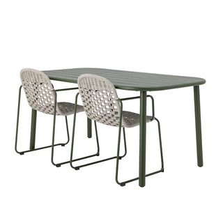 Buitentafel metaal groen Calana 160x90cm van Bloomingville, van opzij met verhoudingen en constructie zichtbaar