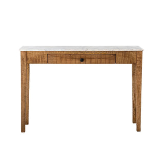 Consoletafel bruin Mangohout en marmer Hauge 110cm, recht van voren met het mangohout en marmeren blad zichtbaar