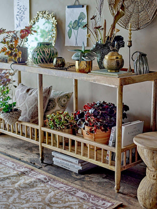 Constance bloempot tussen planten en woonaccessoires op een kast