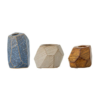 Kandelaar aardewerk blauw Kimber - set van 3 van Bloomingville, schuin bekeken met vorm en afwerking zichtbaar