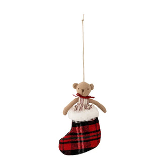 Kerstornament katoen rood Noella 20cm van Bloomingville, als rood geruit kerstsokornament met muis
