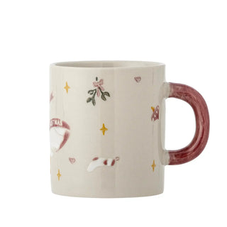 Zijaanzicht van de Mary mok met rood handvat en kerstmotieven