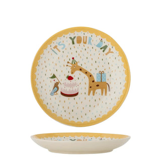 Celebrate bordje aardewerk geel 16cm van Bloomingville Mini, van bovenaf met vorm en indeling zichtbaar
