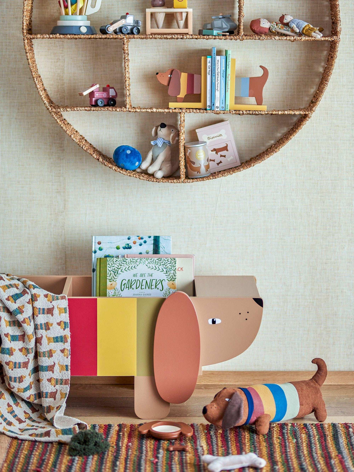 Charlie opberg bak hout multicolor 108cm van Bloomingville Mini, aan de achterzijde met constructie zichtbaar