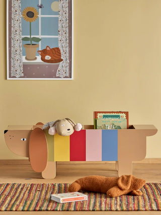 Charlie opberg bak hout multicolor 108cm van Bloomingville Mini, van opzij met verhoudingen en constructie zichtbaar