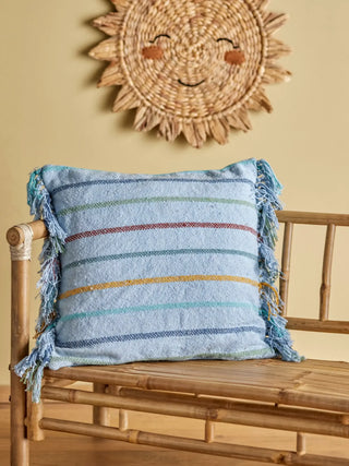 Frey kussen gerecycled katoen blauw 45x45cm van Bloomingville Mini, aan de achterzijde met stof en afwerking zichtbaar