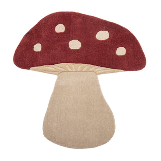Vloerkleed wol rood Mushroom van Bloomingville Mini, als rood-wit paddenstoelvormig wollen vloerkleed