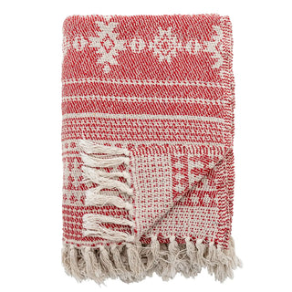 Rode Oia plaid van gerecycled katoen met franjes, 130 x 160 cm