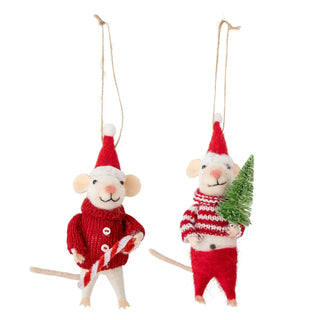 Set van twee rode Peo kerstmuisjes van wol, 13 cm