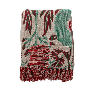 Plaid gerecycled katoen multi Jangal 130x160cm van Bloomingville, opgevouwen met bladmotief en franjes zichtbaar