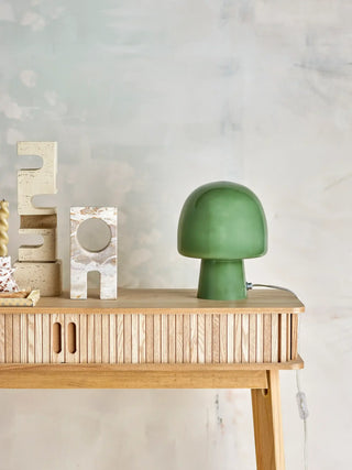 Tafellamp glas groen Paddy van Bloomingville, van opzij met verhoudingen en constructie zichtbaar