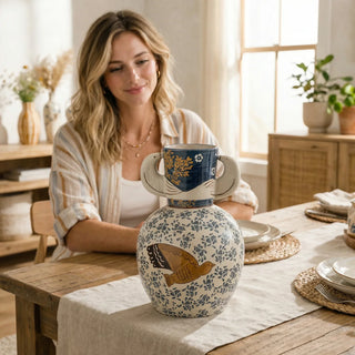 Vaas aardewerk blauw Hezha van Bloomingville, toegepast in een sfeervolle interieursetting