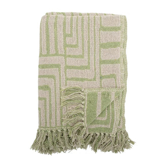 Groene Velva plaid van gerecycled katoen met franjes, 130 x 160 cm