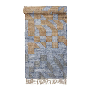 Vloerkleed jute blauw Vikka 75x245cm van Bloomingville, aan de achterzijde met afwerking zichtbaar
