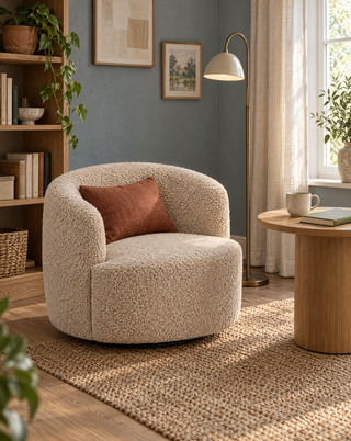 Bocca-fauteuil met een kussen, leeslamp en bijzettafel in een rustige leeshoek.