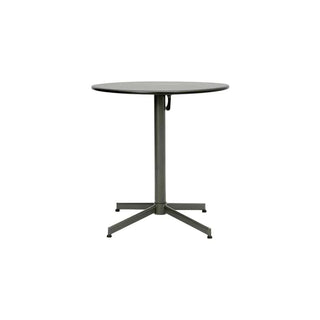 Groene ronde buitentafel met centrale poot, hendel en vierpotig onderstel