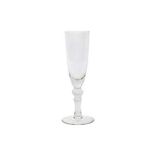Helder champagneglas met smalle kelk, bolvormig detail in de steel en ronde voet