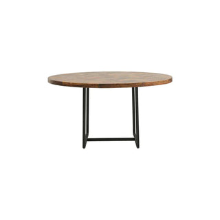 Eettafel Kant met rond houten blad en slank zwart onderstel op een witte achtergrond