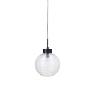 House Doctor Gaia hanglamp met ronde, horizontaal geribbelde glazen kap en zwarte fitting