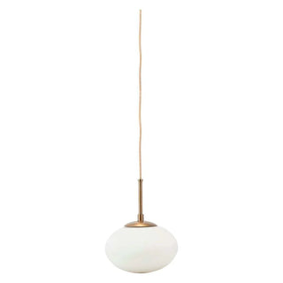 Witte glazen hanglamp met messingkleurige fitting en stekkerkabel, modern design voor woonkamer of eetkamer