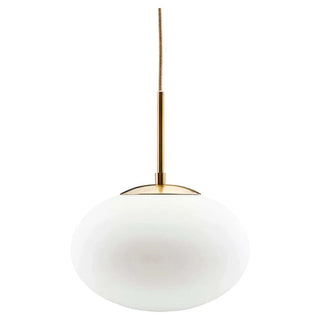 Witte glazen hanglamp met goudkleurige fitting en textielkabel, modern design voor woonkamer of eetkamer