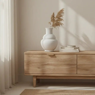 Witte vaas Liva met gedroogde takken op een houten dressoir naast enkele boeken