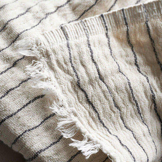 Close-up van het plaid met open geweven structuur, donkere strepen en losse franjes