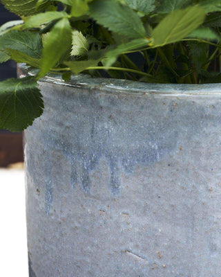 Detail van Pot Pho met glanzende rand, blauwgrijs gespikkeld oppervlak en groene bladeren