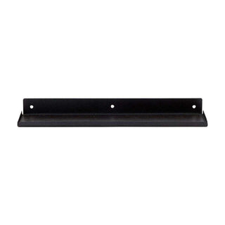 Zwarte metalen wandplank met opstaande rand en montagelijnen, geschikt voor woonkamer of kantoor