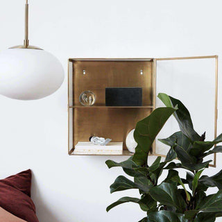 Wandvitrine Glass met open glazen deur en decoratieve objecten naast een grote kamerplant