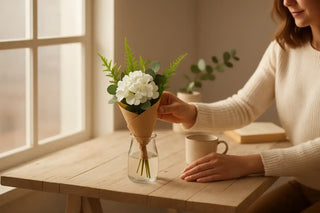 Boeket Pure Serenity witte bloemen van House of Nature, toegepast in een sfeervolle interieursetting