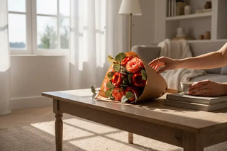 Rozenboeket oranje 30cm van House of Nature, toegepast in een sfeervolle interieursetting