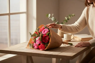 Rozenboeket roze 30cm van House of Nature, toegepast in een sfeervolle interieursetting