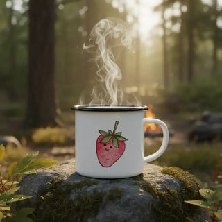 Emaille mok Aardbei – 300 ml van Ligarti, in de hand met formaat en illustratie duidelijk zichtbaar