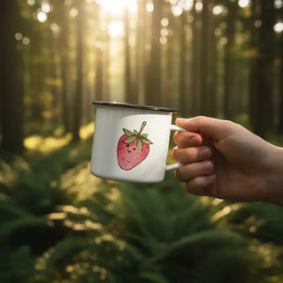 Emaille mok Aardbei – 300 ml van Ligarti, gebruikt in een groene bosomgeving