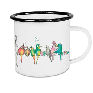 Witte Ligarti emaille mok Bird parade (300 ml) met zwarte rand en een kleurrijke rij vogels.