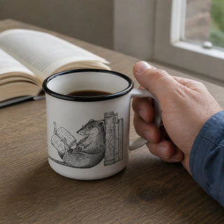Emaille mok Boekenwurm – 300 ml — detail van de illustratie en het emaille in gebruik.