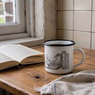 Emaille mok Boekenwurm – 300 ml — Lezen bij een gewoon keukenraam.