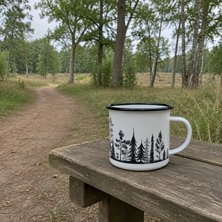 Handgemaakte emaille mok bos 300ml — Gewoon even zitten langs het pad.